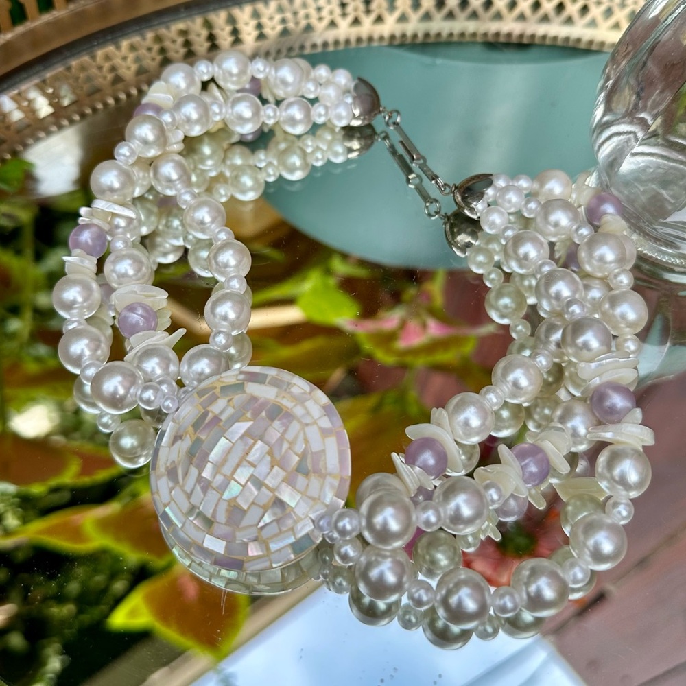 Fantastic 1970's Aurora Moonlight Mosaic Mother of Pearl Pendant Necklace